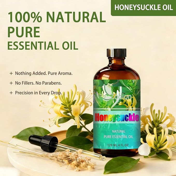 Honeysuckle Essential Oil, 4 fl oz (120ml) - ZODION Honeysuckle Fragrance Oil for Diffuser, Massage, Humidifier, DIY Candle, Soap Making, Home, Bath, Yoga