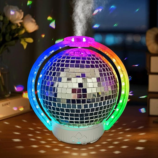 Rotating Disco Ball Diffuser, Mirror Ball Cute Diffuser with RGB Color Night Light, 2Timer Seting & 3 Light Mode Mirror Essential Oil Diffuser Aromatherapy Diffuser for Home Decor, Party, Bedroom