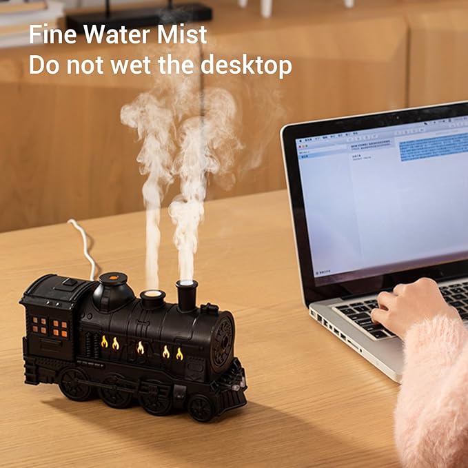 300ML Essential Oil Diffuser, Aromatherapy Diffuser Cool Mist Humidifier with Night Light, Dual Spray Modes Train Humidifier, Train Diffusers for Bedroom Office Desktop (Black)