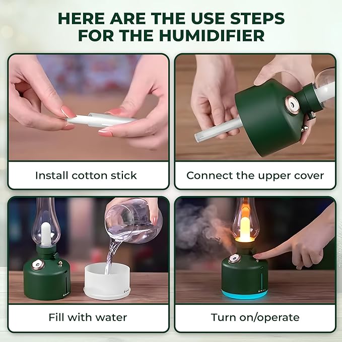 Aroma Diffuser-Vintage LED Night Lamp with Timed Spray; 1200mAh Battery; Wireless; Colorful Lights; Fine Water Mist; Dimming Control; Two Level Spray Quantity; 280mL Capacity. (Matte Black)