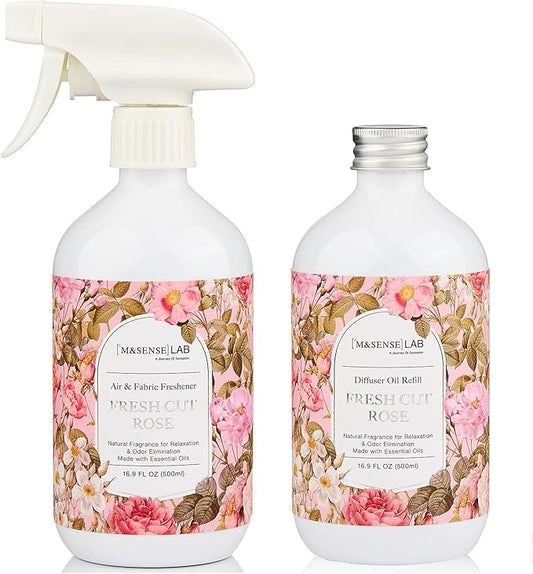M&SENSE Fresh Cut Rose Scent Value Bundle - Reed Diffuser Oil Refill 16.9oz 500ml with 10 Reed Sticks & Odor Eliminator Spray Natural Essential Oil Home Spa Office Dining Room Living Space Freshener