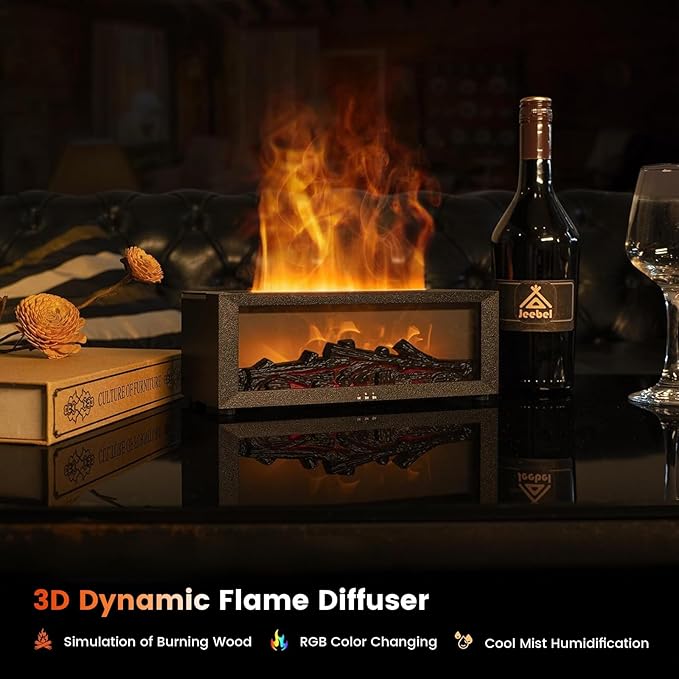 Fireplace Diffusers for Essential Oils Fireplace Humidifier with Remote 150ml Fireside Ultrasonic Humidifier Bonfire Flame Diffuser with 7 Colors Light for Home Room Office (Black)