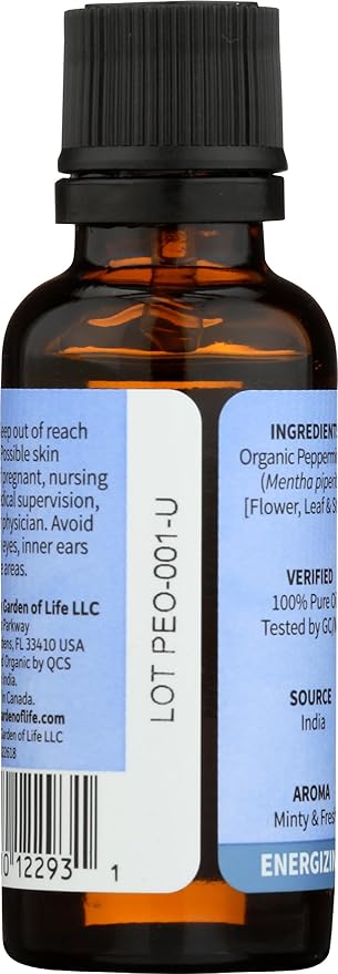 Garden of Life Essential Oil, Peppermint 1 fl oz (30 mL), 100% USDA Organic & Pure, Undiluted & Non-GMO - for Diffuser, Aromatherapy, Meditation - Energizing, Invigorating, Refreshing, Uplifting