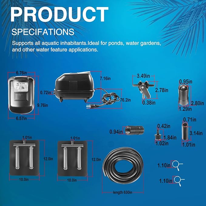 Complete Pond Aeration Kit, Water Garden Oxygenation Bubbler System Adds Oxygen to Koi & Fish Ponds, Outdoor Diaphragm Compressor Pump, Air Line & 2 Submersible Diffuser Sticks