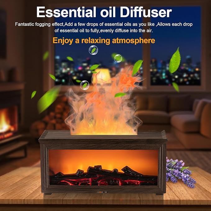 Fireplace Flame Essential Oil Diffuser Humidifier - Ultrasonic Aroma Diffuser with 7-Color Flame Effect, Remote Control & Auto-Off Timer for Bedroom, Home Office,Yoga(Dark Wood Grain)