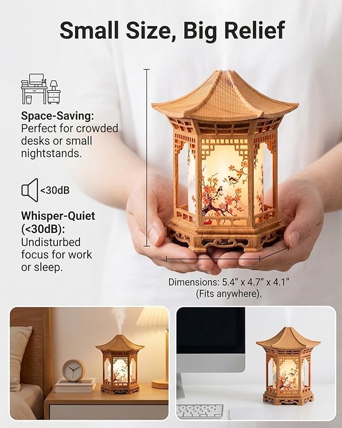 Zen Pavilion Lantern Aroma Diffuser & Night Light for Desk with 2 Mist Modes & LED Warm/White Light, 160ml Zen Office Decor USB Personal Humidifier for Yoga, Meditation, Spa & Sleep (Light)
