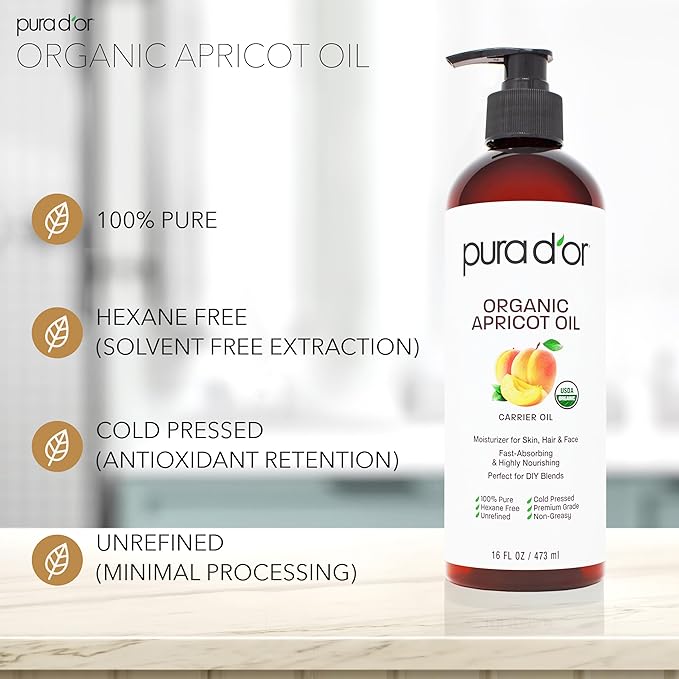 PURA D'OR ORGANIC Apricot Kernel Oil (16 Oz) 100% Pure & Natural USDA Certified Cold Pressed Carrier Oil - Antioxidant & Vitamin E Rich Moisturizer for Natural Glow & Softness - Face, Skin & Hair