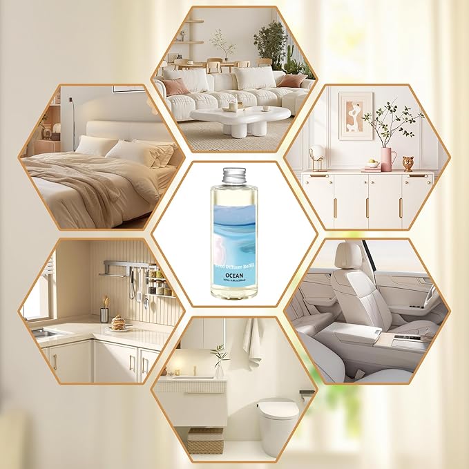 STRN Reed Diffuser Oil Refill, Ocean Scented Diffuser Oil Refills with 6 Reed Sticks 200ML(6.8fl.oz), Room Fresheners for Home, Long-Lasting Fragrance for Living Room, Bedroom, Office, Home Décor