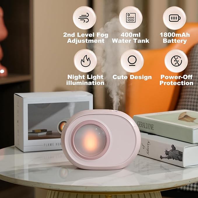 Humidifier for Bedroom, 400ml Desktop Fog Humidifiers, Essential Oil Diffuser with Dynamic Candlelight Flame Lamp, Suitable for Home, Travel & Plant Intelligent Anti Dry Burning Humidifier (Beige)