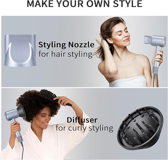 Hair Dryer with Diffuser and Nozzle,High Speed Hair Dryer with Brushless Motor for Fast Drying,Low Noise Thermo-Control (Grey)