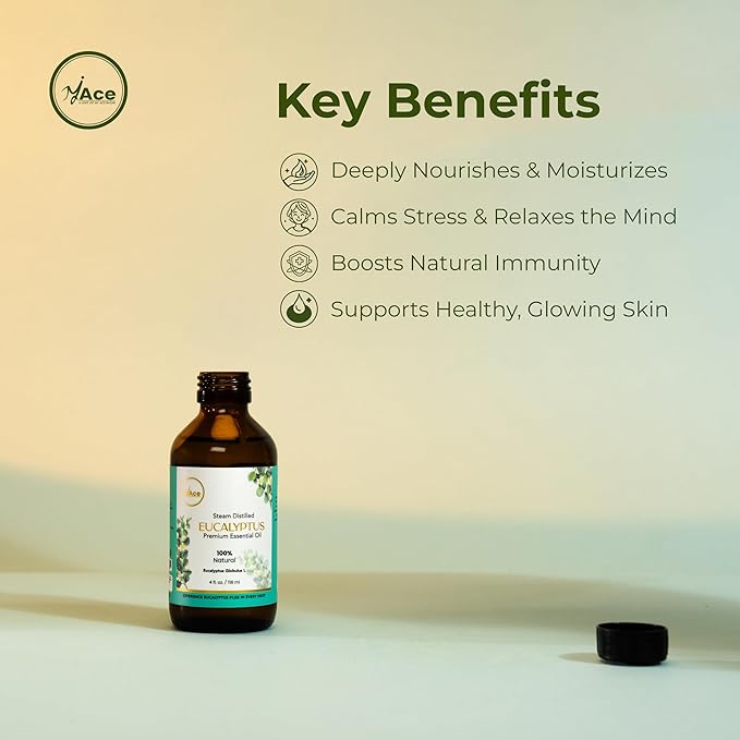 My Ace Eucalyptus Essential Oil – 100% Pure & Natural, Steam-Distilled, Undiluted Oil for Diffuser, Aromatherapy, Massage, Candle & Soap Making – Amber Glass Bottle with Dropper – 4 fl oz