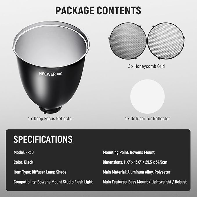NEEWER 11.6"/29.5cm Deep Focus Reflector Bowens Mount with 15°/30° Honeycomb Grids & Soft Cloth, 45° Diffuser Lamp Shade Compatible with Godox NEEWER Studio Strobe Flash Light Speedlite, FR30