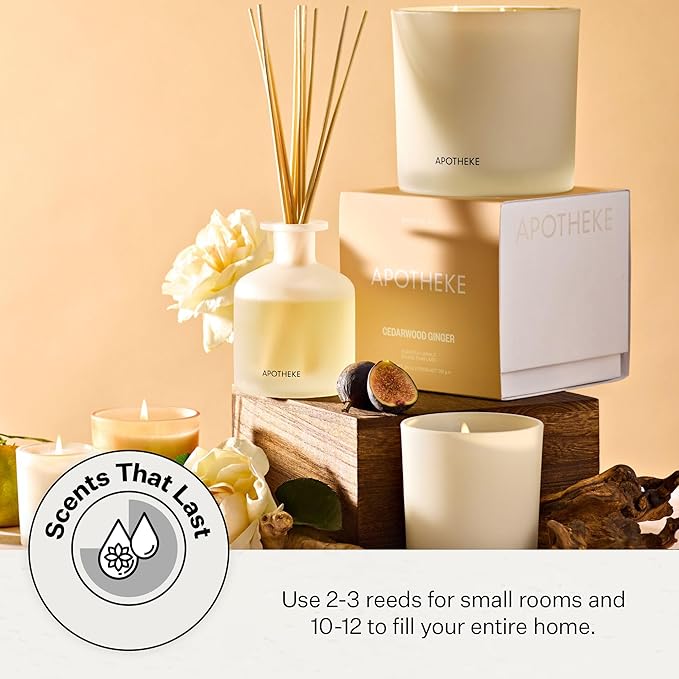 Apotheke Luxury Scented Reed Diffuser for Home, Cedarwood Ginger - 6.7 Fl Oz Essential Oil Aromatherapy - 10 Rattan Scent Sticks Room Diffuser - Long-Lasting Fragrance for Bedroom, Home, Bathroom