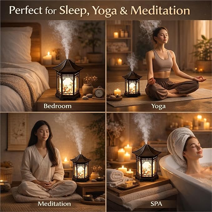 Zen Pavilion Lantern Aroma Diffuser & Night Light, 160ml Diffuser, Dual Mist Modes, Chinese Zen Garden Humidifier, Warm & White Light for Sleep, Yoga, Meditation & Spa(Dark Wood)