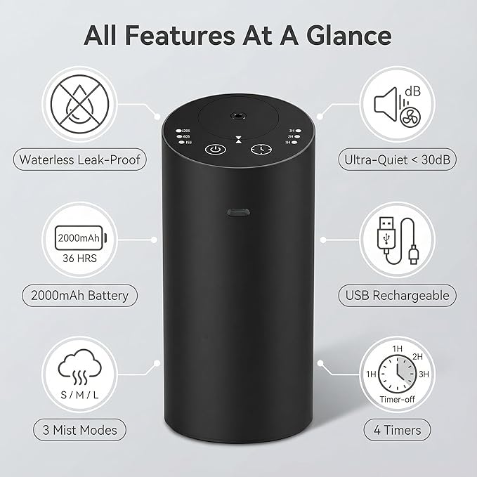 Car Diffuser, Waterless Essential Oil Diffuser with 2000mAh Battery & Timer, Adjustable Mist Cordless Aromatherapy for Car, Portable Air Freshener with Premium Aluminum Alloy & Type-C Charging (Black)