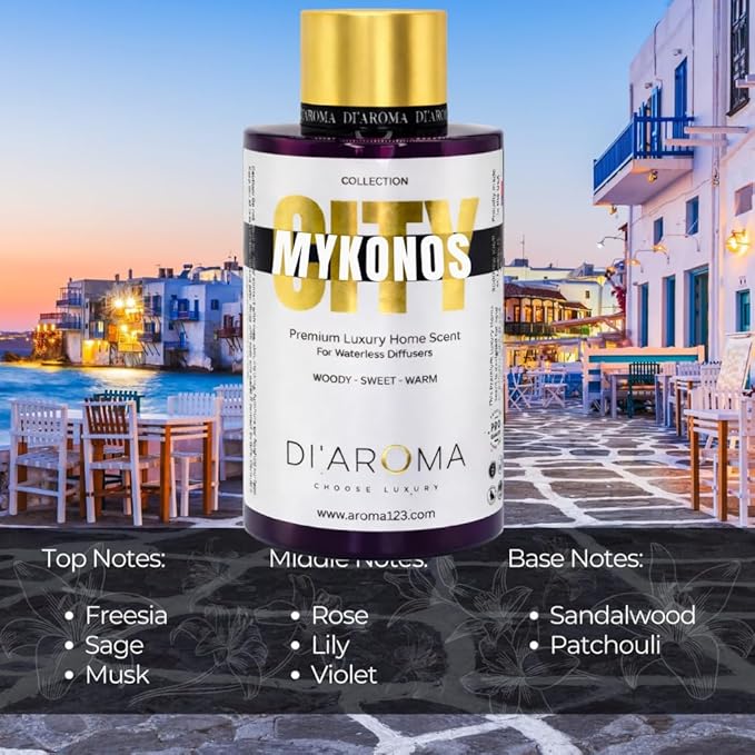 Di'Aroma Mykonos Aroma Oil Blend 120ml – Premium Diffuser Oil for Home, Waterless & Essential Oil Diffusers, Long Lasting Home Fragrance, City Collection, Made in USA (120ml, Mykonos)