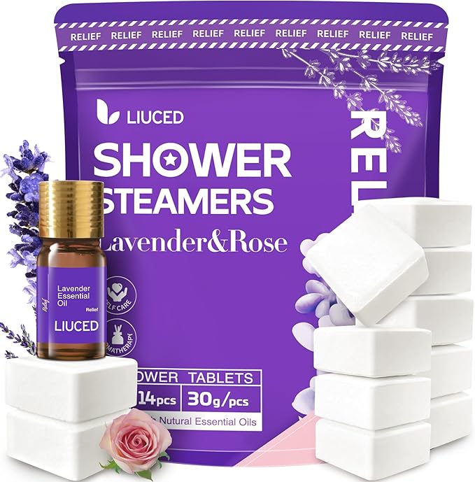 Shower Steamers Aromatherapy - 14 Pack Lavender & Rose Shower Bombs and 5ml Natural Lavender Essential Oils, Mothers Day Gifts for Mom Wife, Self Care Stress Relief Gifts for Women Her