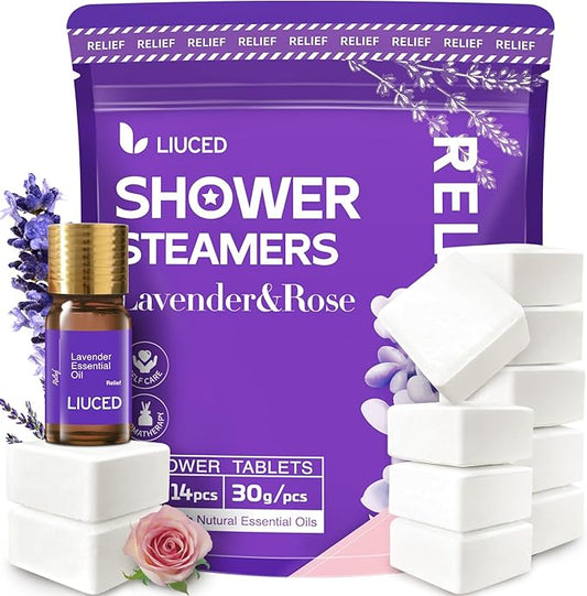 Shower Steamers Aromatherapy - 14 Pack Lavender & Rose Shower Bombs and 5ml Natural Lavender Essential Oils, Mothers Day Gifts for Mom Wife, Self Care Stress Relief Gifts for Women Her