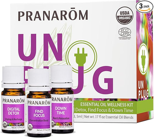 Pranarom - Unplug Wellness Essential Oil Kit (3-Pack of 5ml) - Digital Detox, Down Time, and Find & Focus Essential Oils - 100% Pure Essential Oil | USDA and ECOCERT Certified Organic