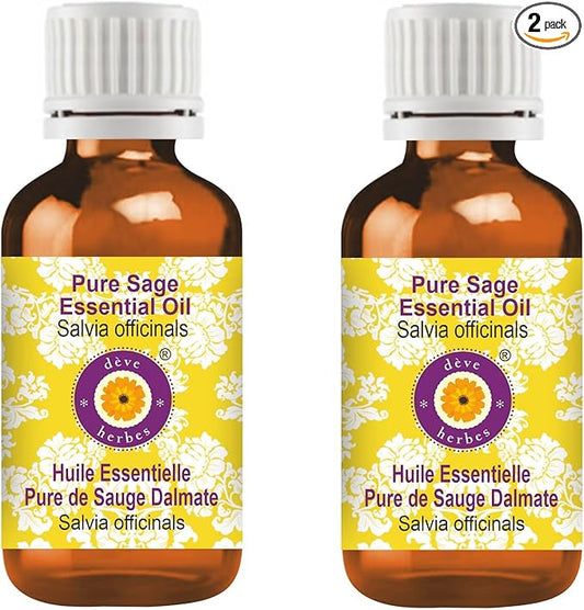 Deve Herbes Pure Sage Essential Oil (Salvia officinalis) Steam Distilled (Pack of Two) 100ml X 2 (6.76 oz)
