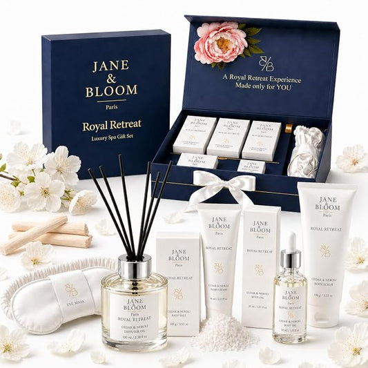 Royal Retreat Luxury Spa Gift Box for Women, Cedar & Neroli Bath and Body Gift Set, Relaxing Home Spa Kit with Bath Salt, Body Scrub, Body Oil, Hand Cream, Eye Mask, Mothers Day Gifts