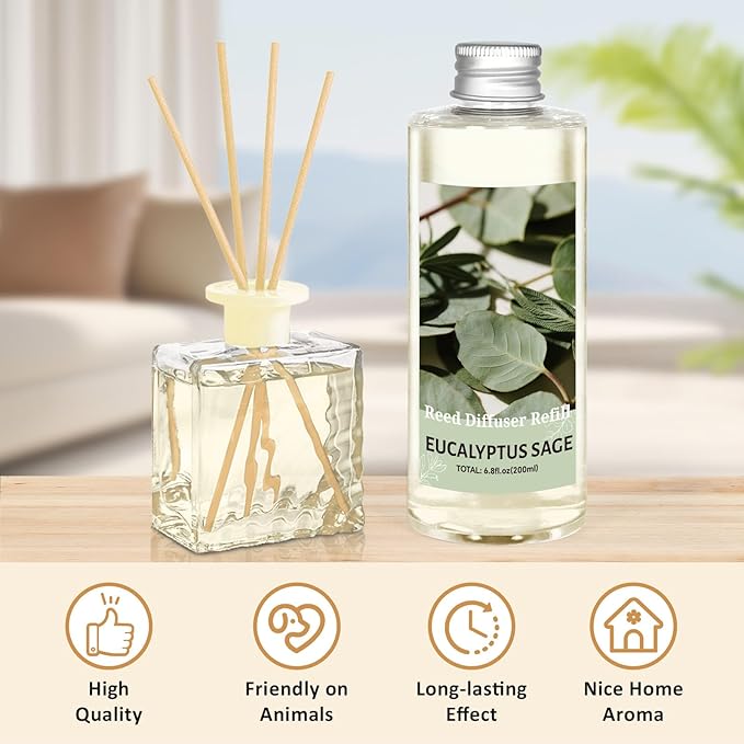 STRN Reed Diffuser Oil Refill, Eucalyptus Sage Scented Reed Diffuser Set, 6.8 fl.oz（200ml, Reed Diffuser Refill for Home Fragrance, Bedroom, Bathroom Office Home Decor