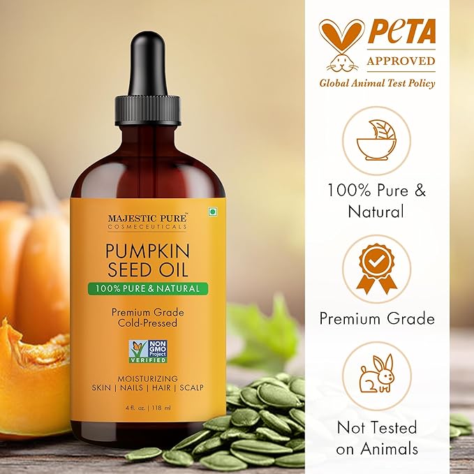 Majestic Pure Pumpkin Seed Oil - 100% Pure & Natural - Premium Grade, Cold Pressed, Hexane Free - Hair, Eyelashes, Eyebrows, Nails - Moisturizing & Nourishing - 4 Fl Oz