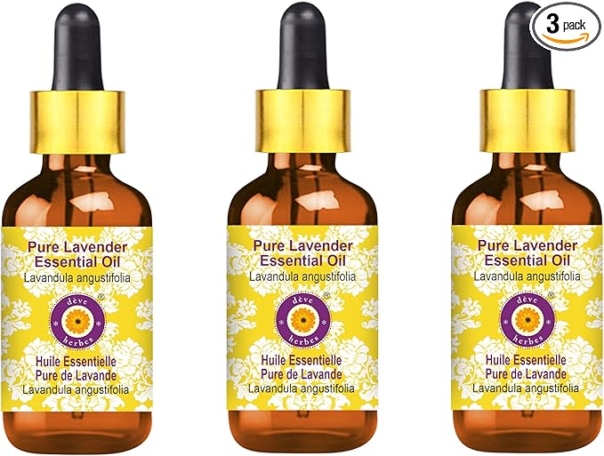 Deve Herbes Pure Lavender Essential Oil (Lavandula angustifolia) (Made in France) with Glass Dropper Steam Distilled (Pack of Three) 100ml X 3 (10 oz)