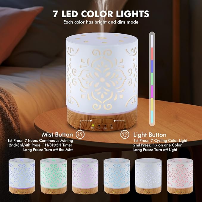 EQUSUPRO Essential Oil Diffuser 300ML Metal Aromatherapy Diffuser for Home with Auto Shut-Off & 4 Timers, Ultrasonic Humidifier with 7 Colors Lights for Large Room, Home Office Décor(White Flower)
