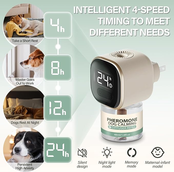 SHANDR Calming Pheromones Dog Diffuser 4 in 1 Appeasing Relaxing Diffuser with Timing Function Pet Kit Anxiety Relief Reduce Aggression Barking Fighting Stress
