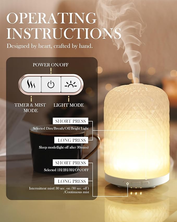 Onaboviva Essential Oil Diffuser - 2.4MHz Ultrasonic Glass Diffuser for Home, 120ml, Pulse&Continuous Mist, Bright/Dim/Breathing Lighting, Waterless Auto-Off, Aromatherapy Diffuser with USB Cable