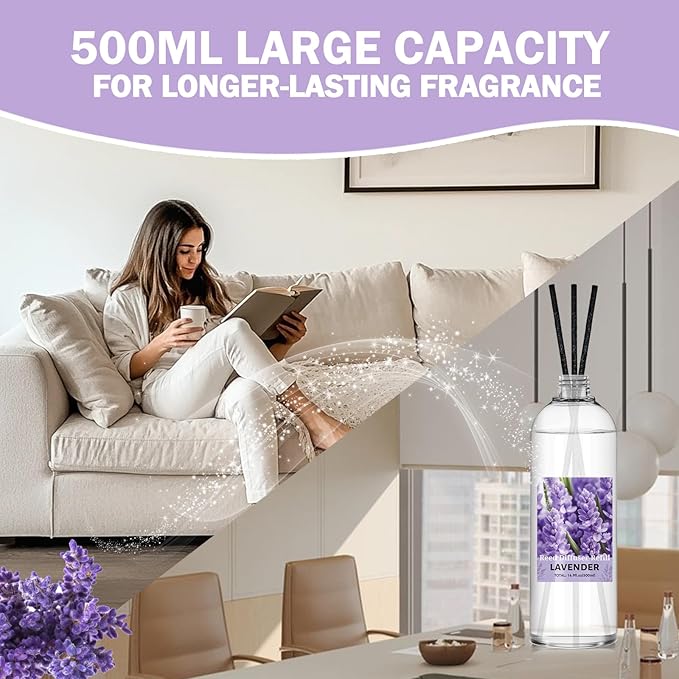 SCENTORINI Reed Diffuser Oil Refill, 16.9oz Natural Lavender Scented Essential Oil with 6 Sticks, Long Lasting Home Fragrance for Large Space, Bathroom, Spa Room Aromatherapy, Hotel & Office Decor