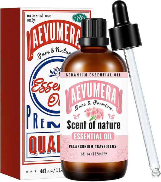 Geranium Essential Oil 4oz Pure and Natural Geranium Oil Essential Oil for Aroma Diffusers, Skin & Body Care, Massage, Bath, DIY Soap & Candle Making, 118ML