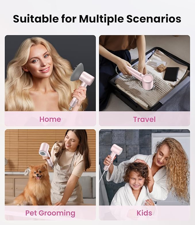 Hair Dryer,150000 RPM Ionic Blow Dryer with 500M Negative Ions, Lightweight Travel Hair Dryer with Magnetic Diffuser & Nozzle for Fast Drying, Low Noise Brushless Motor for Salon & Home Use,Pink