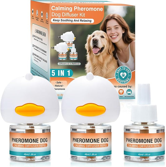Dog Calming Pheromones Diffuser to Calm Pet 5 in 1 Advanced Kit (2 Plug in+3 Pack 48ml Refill) Appeasing Pheromone Diffuser for Anxiety ReliefReduce Aggression Fighting Barking Stress