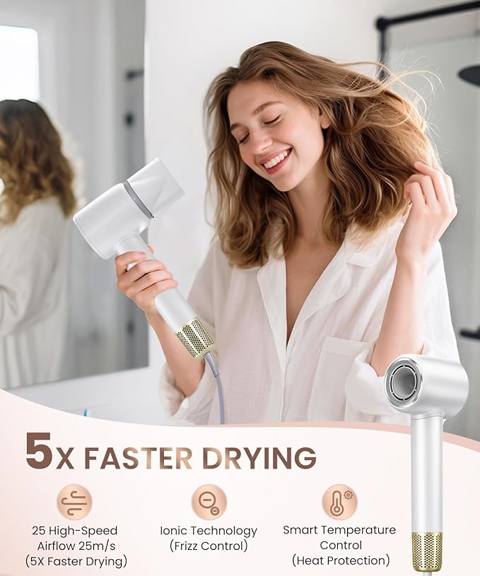 Hair Dryer, Professional 140000 RPM High-Speed Brushless Motor Negative Ionic Low Noise Blow Dryer for Fast Drying, Thermo-Control Quiet with Magnetic Nozzle for Home Travel Salon,White