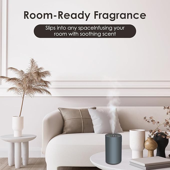 Waterless Essential Oil Diffuser, 7 Colors LED Light, Battery Powered Mini Scent Air Machine, Aromatherapy Mist Diffuser for Home Room Car Office，Black Aluminum Alloy (Grey)