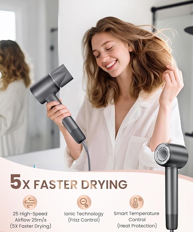 Hair Dryer, Professional 140000 RPM High-Speed Brushless Motor Negative Ionic Low Noise Blow Dryer for Fast Drying, Thermo-Control Quiet with Magnetic Nozzle for Home Travel Salon Use,Black