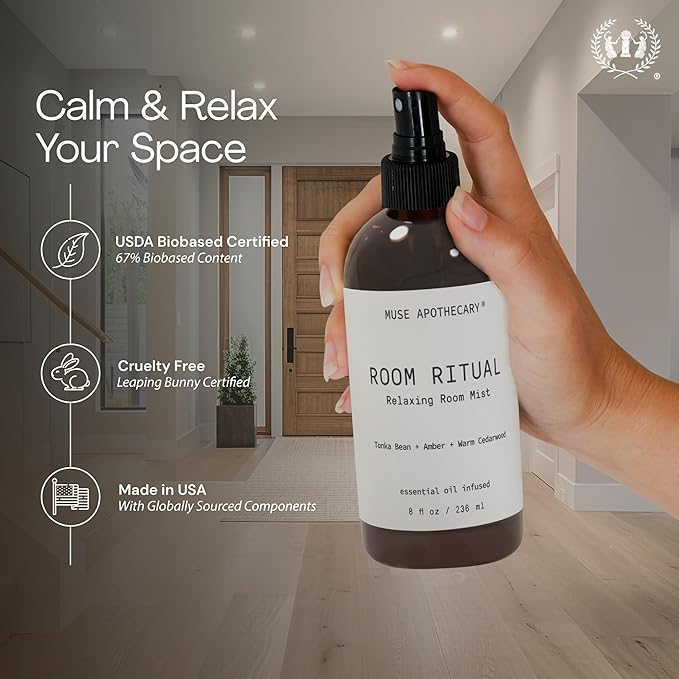 Muse Apothecary Room Ritual - Aromatic and Relaxing Room Mist, Infused with Natural Essential Oils - 8oz, Bergamot + French Lavender + Sandalwood - 2 Pack