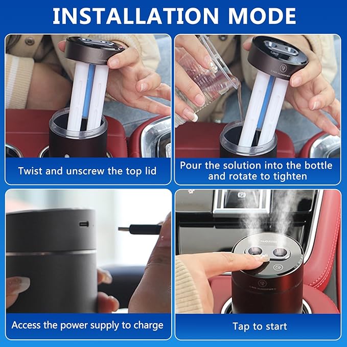 Smart Car Air Freshener, Car Air Freshener Diffuser with Humidifier, Auto On/Off, 3 Mode Adjustable, with 4 Essential Oils(Gun Color)