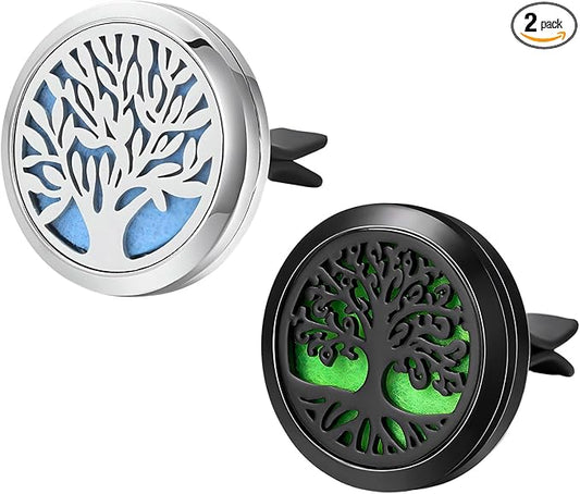 KVAEY 2PCS 30mm Car Diffuser Vent Clips, Tree of Life Aromatherapy Essential Oil Diffuser Locket with 12 Felt Pads, Stainless Steel Car Diffuser Locket Air Freshener (Style1)