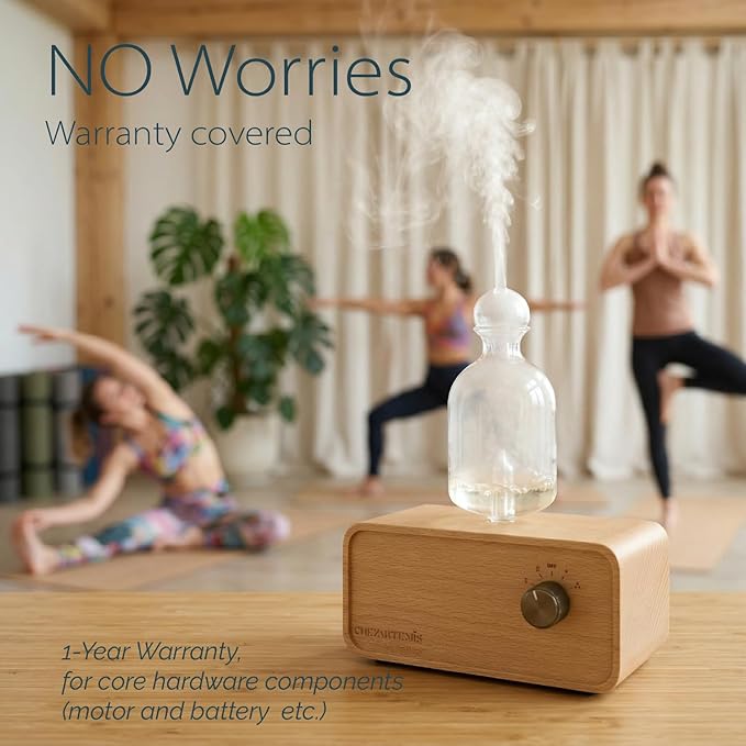 Aria Waterless Diffuser for Essential Oils, Retro Glass Nebulizing Diffuser with Solid Wood Base, Cordless Aromatherapy Dispenser for Large Room, Rechargeable for Home Office Yoga, LED & Timer