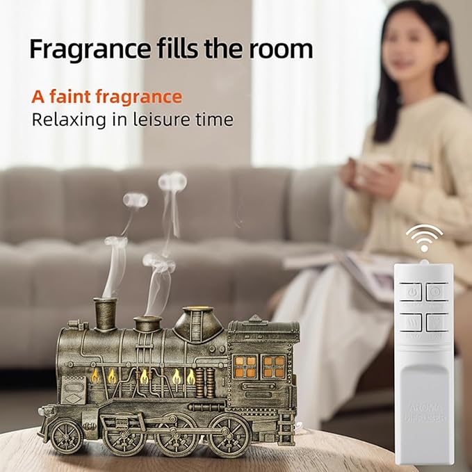300ML Train Humidifier, Train Diffusers for Essential Oils, 2 Color LED Vintage Steam Christmas Train Aromatherapy Diffuser, 2 Dual Mist Modes Train Cool Mist Air Aroma Humidifier (Bronze)