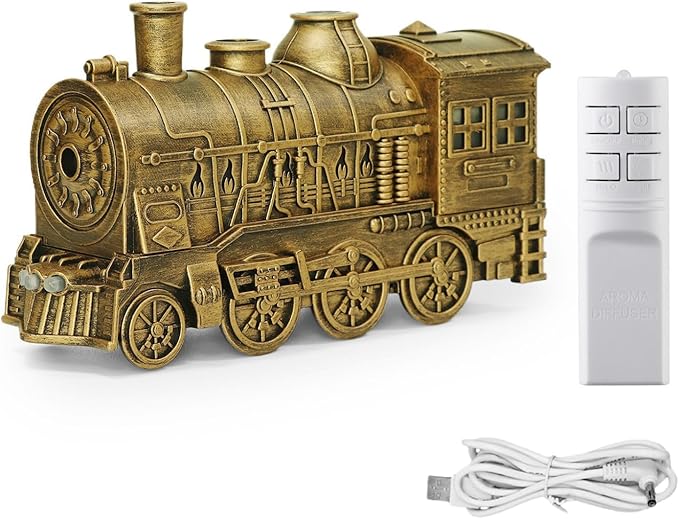 Train Diffuser, Train-Shaped Essential Oil Diffuser, Cool Mist Humidifier, Dual-Color LED Night Light, 300ml Capacity with Dual Mist Modes, Home Decor with 2-8Hour Timer (Bronze)
