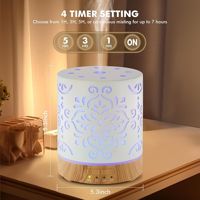 EQUSUPRO Essential Oil Diffuser 300ML Metal Aromatherapy Diffuser for Home with Auto Shut-Off & 4 Timers, Ultrasonic Humidifier with 7 Colors Lights for Large Room, Home Office Décor(White Flower)