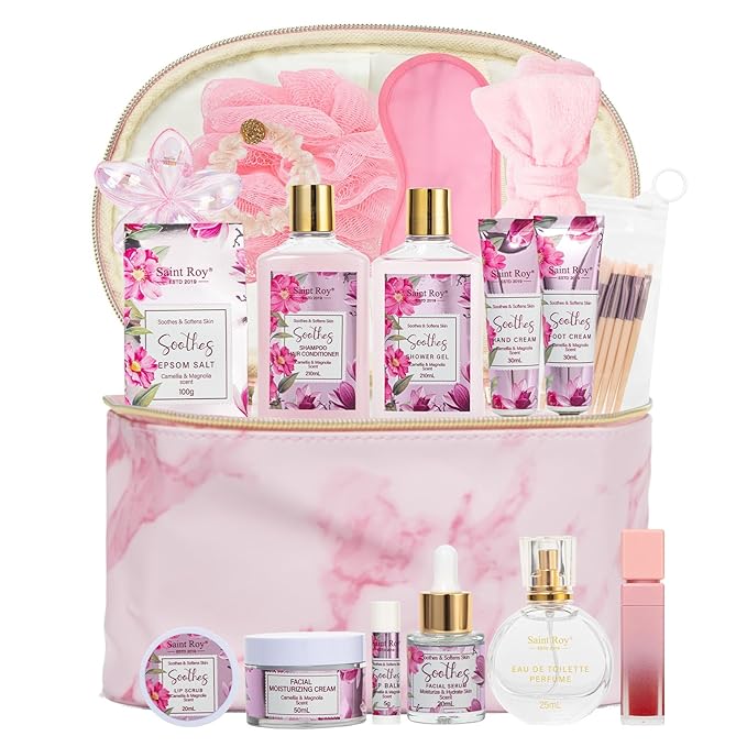 Camellia & Magnolia Facial Skin Care Set, 27 Pcs Bath & Body Spa Basket for Women, Beauty Care Kit, Makeup Bag, Face Serum, Perfume, Christmas, Mother Day, Valentine's, Birthday, Bridal Shower