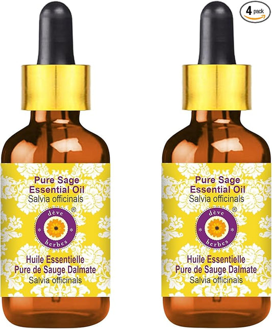 Deve Herbes Pure Sage Essential Oil (Salvia officinalis) with Glass Dropper Steam Distilled (Pack of Two) 100ml X 2 (6.76 oz)