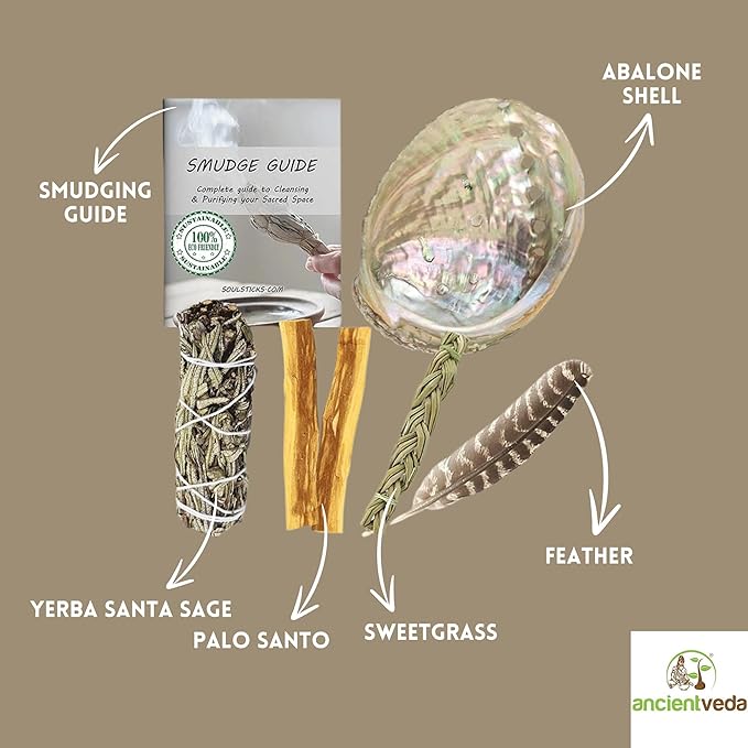 Ancient VEDA Organic Smudge Kit – Yerba Santa, Palo Santo, Sweetgrass, Abalone Shell, Feather & Smudge Guide | Smudging Kit for Home Cleansing, Meditation, Healing (Healer's Kit, Yerba Santa Sage)