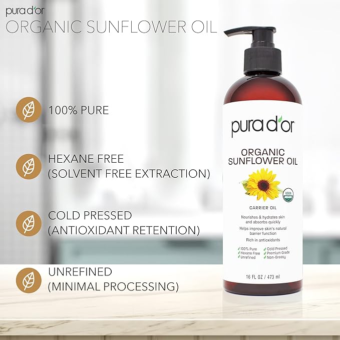 PURA D'OR ORGANIC Sunflower Seed Oil (16 Oz) 100% Pure & Natural USDA Certified Cold Pressed Carrier Oil For DIY Beauty - Unscented, Hexane Free Liquid Moisturizer - Face Skin & Hair - Men & Women