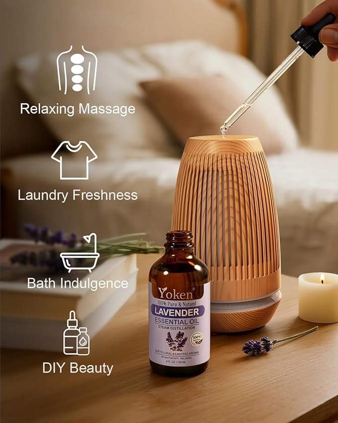Yoken Lavender Essential Oil, 4 fl oz, Steam Distilled, Concentrated Formula with Soft Balanced Aroma, Without Added Fragrance